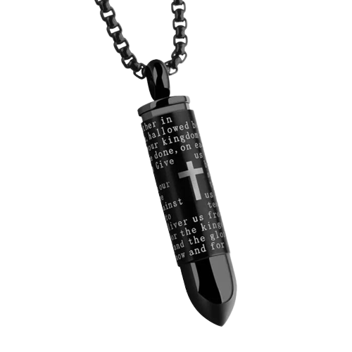 Lantisor design cubic cu pandantiv in forma de glont cu loc pentru depozitare, inscriptie cu cruce si rugaciunea " Tatal Nostru '', otel inoxidabil, placat cu aur 18K, Tessero, negru [1]
