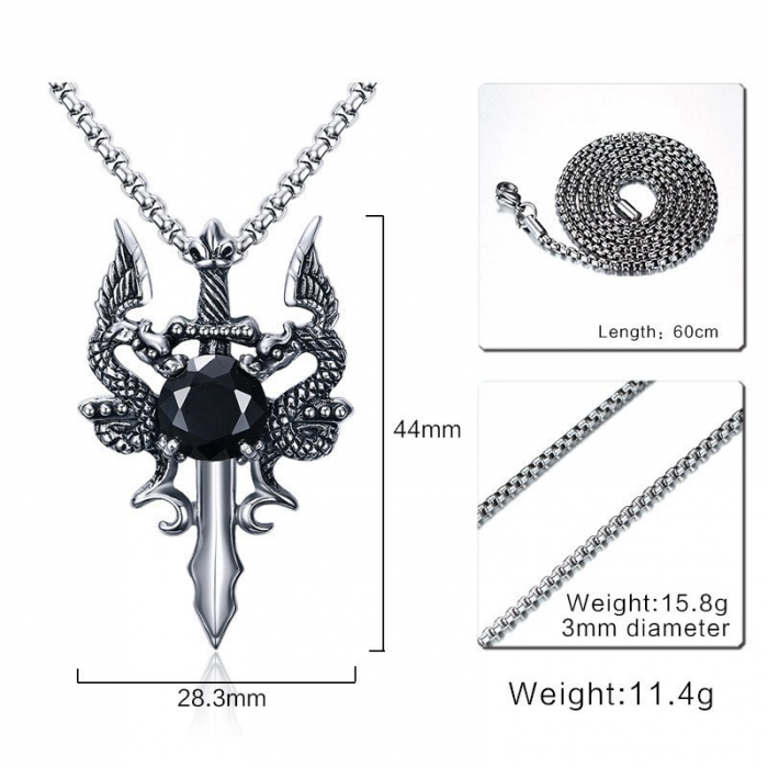 Lantisor design cubic cu pandantiv in forma de sabie cu blazon, piatra zirconiu negru, placat cu argint, Tessero, argintiu [1]