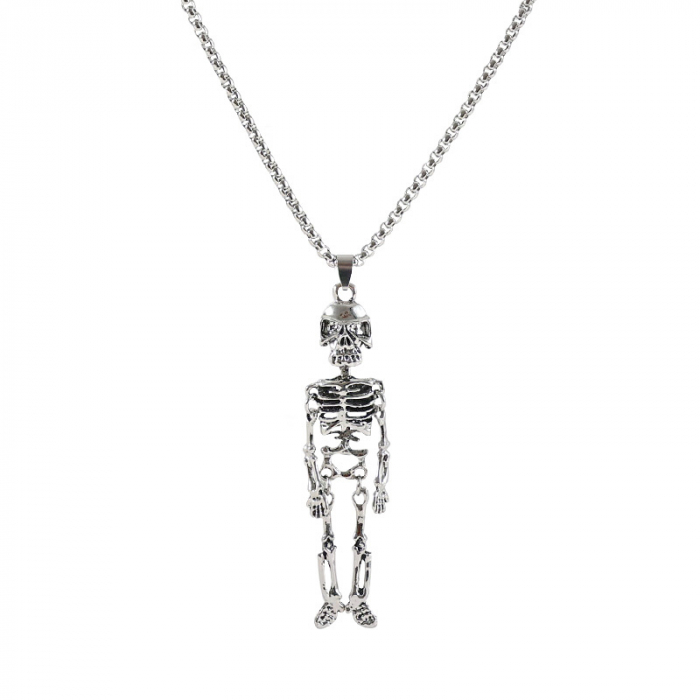Lantisor design cubic cu pandantiv in forma de schelet flexibil, cap de mort, otel inoxidabil, placat cu argint, Tessero, argintiu [1]