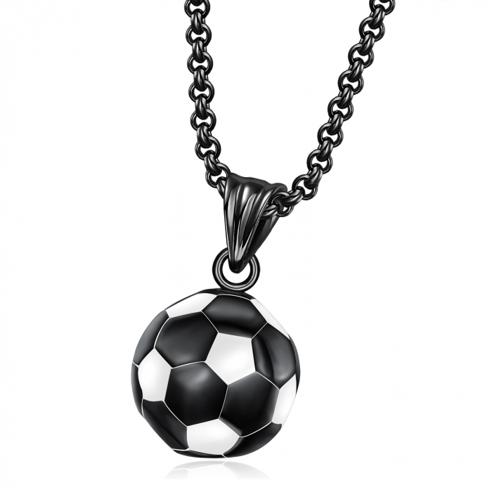 Lantisor design cubic cu pandantiv rotund in forma de minge de fotbal, otel inoxidabil, placat cu argint, Tessero, negru [1]