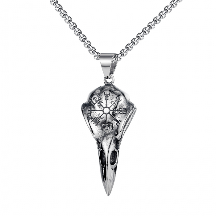 Lantisor design cubic cu pandantiv VIking in forma de craniu de corb, placat cu argint, Tessero, 50 cm, argintiu [4]