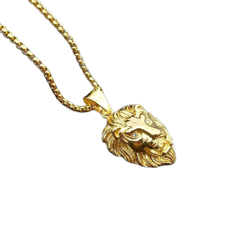Lantisor design cubic si lantisor in forma de cap de leu, ochi din zirconiu, placat cu aur 18K, otel inoxidabil, auriu [3]
