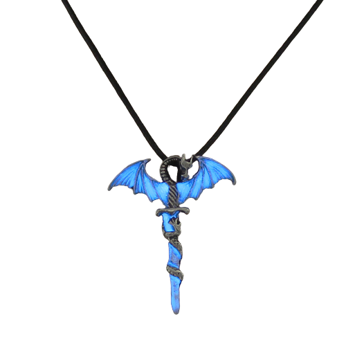 Lantisor din piele neagra cu pandantiv model in forma de dragon infasurat pe sabie, fosforescent albastru noaptea, Tessero, argintiu [1]