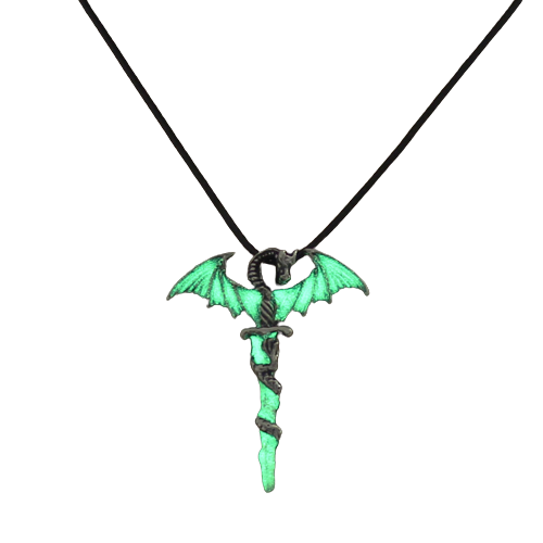Lantisor din piele neagra cu pandantiv model in forma de dragon infasurat pe sabie, fosforescent verde noaptea, Tessero, argintiu [1]