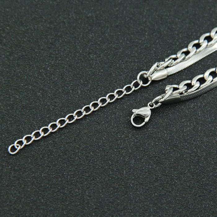 Lantisor dublu casual, model Snake si Cuban Chain din otel inoxidabil, unisex, Tessero, extensie reglabila, argintiu [1]