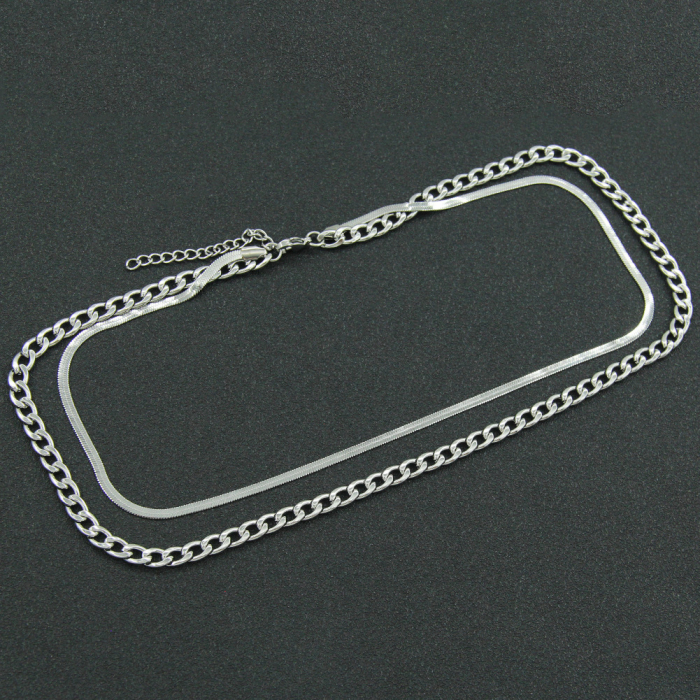 Lantisor dublu casual, model Snake si Cuban Chain din otel inoxidabil, unisex, Tessero, extensie reglabila, argintiu [2]