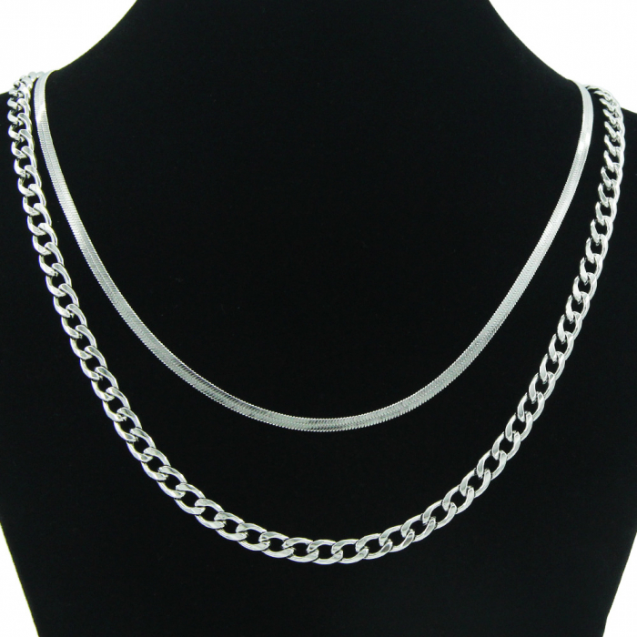 Lantisor dublu casual, model Snake si Cuban Chain din otel inoxidabil, unisex, Tessero, extensie reglabila, argintiu [3]