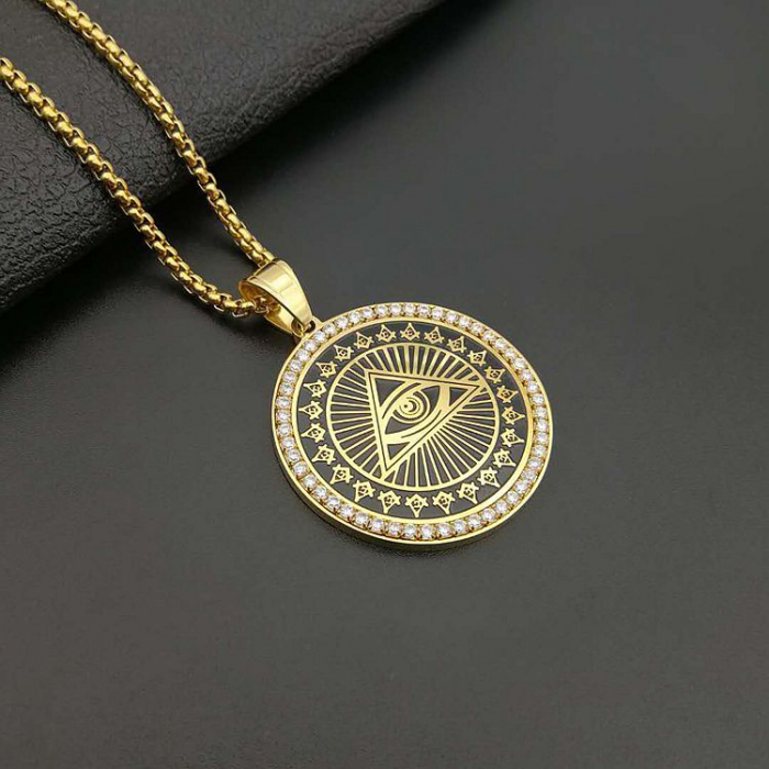 Lantisor Hip Hop design cubic cu pandantiv in forma de moneda cu semn Illuminati, piramida si ochi, otel inoxidabil, placat cu aur 18K, pietre zirconiu, Tessero, auriu [2]