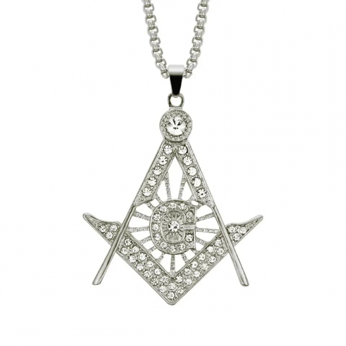 Lantisor Hip Hop design cubic cu pandantiv in forma de semn masonic, otel inoxidabil, placat cu aur 18K, pietre zirconiu, Tessero, argintiu [2]