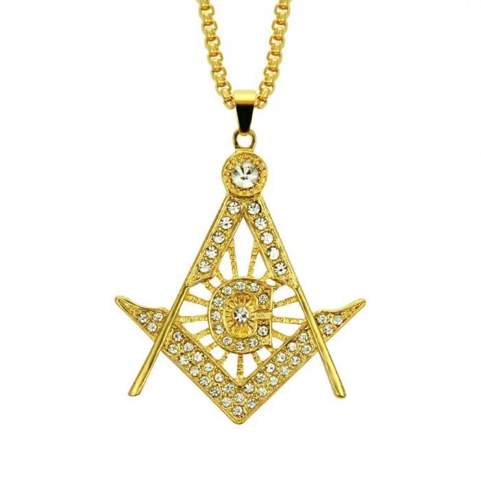 Lantisor Hip Hop design cubic cu pandantiv in forma de semn masonic, otel inoxidabil, placat cu aur 18K, pietre zirconiu, Tessero, auriu [3]