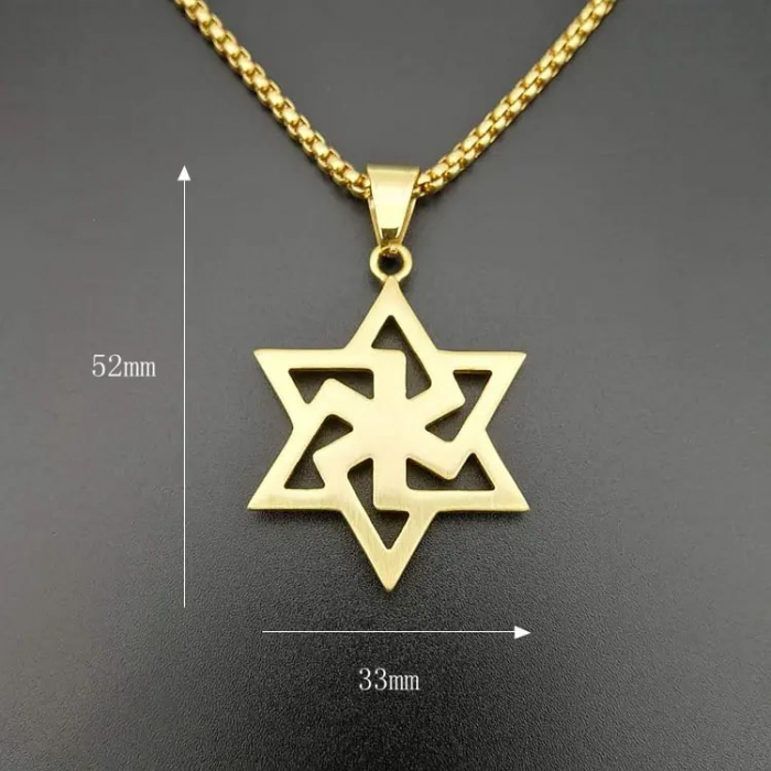 Lantisor Hip Hop design cubic cu pandantiv in forma de stea hexagonala, otel inoxidabil, placat cu aur 18K, pietre zirconiu, Tessero, auriu [3]