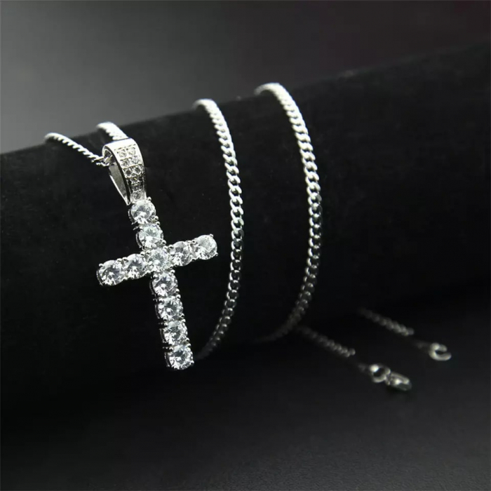 Lantisor Hip Hop Iced Out cu pandantiv in forma de cruce, pietre zirconiu, placat cu aur 18K, unisex, Tessero, argintiu [2]