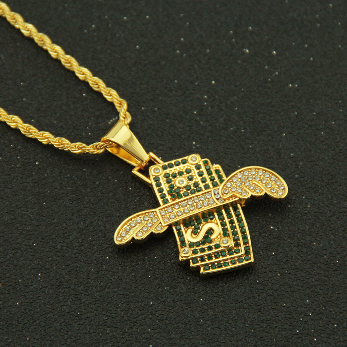 Lantisor Hip Hop model Rope cu pandantiv in forma de dolar cu aripi, zirconiu verde, placat cu aur 18K, Tessero, auriu [2]