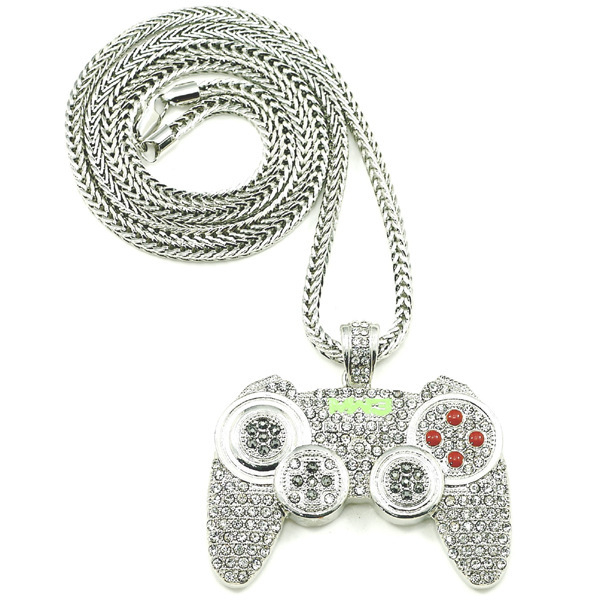 Lantisor Iced Out Gaming Controller cu pandantiv in forma de maneta de joc, pietre zirconiu, placat cu aur 18K, argintiu [1]
