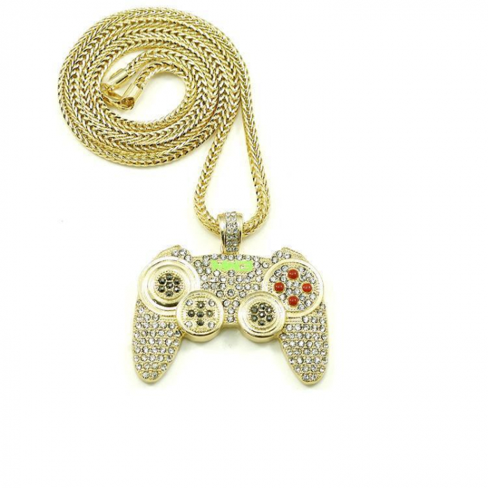 Lantisor Iced Out Gaming Controller cu pandantiv in forma de maneta de joc, pietre zirconiu, placat cu aur 18K, auriu [1]