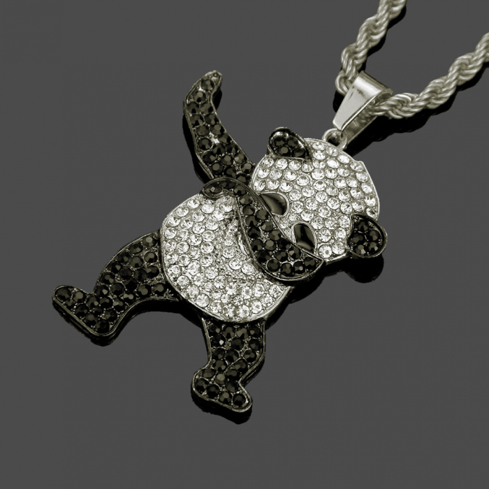 Lantisor model Rope cu pandantiv Hip Hop Iced Out in forma de ursulet Panda, pietre zirconiu, otel inoxidabil placat cu aur 18K, unisex, Tessero, argintiu [1]