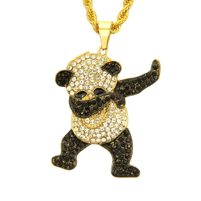 Lantisor model Rope cu pandantiv Hip Hop Iced Out in forma de ursulet Panda, pietre zirconiu, otel inoxidabil placat cu aur 18K, unisex, Tessero, auriu [2]