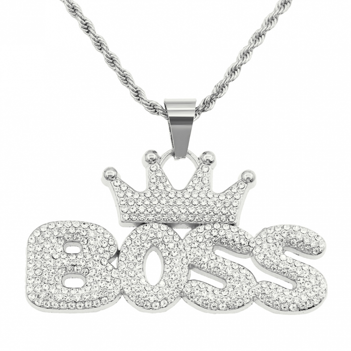 Lantisor model Rope cu pandantiv Hip Hop Iced Out inscriptionat BOSS cu coroana, pietre zirconiu, otel inoxidabil placat cu aur 18K, unisex, Tessero, argintiu [3]
