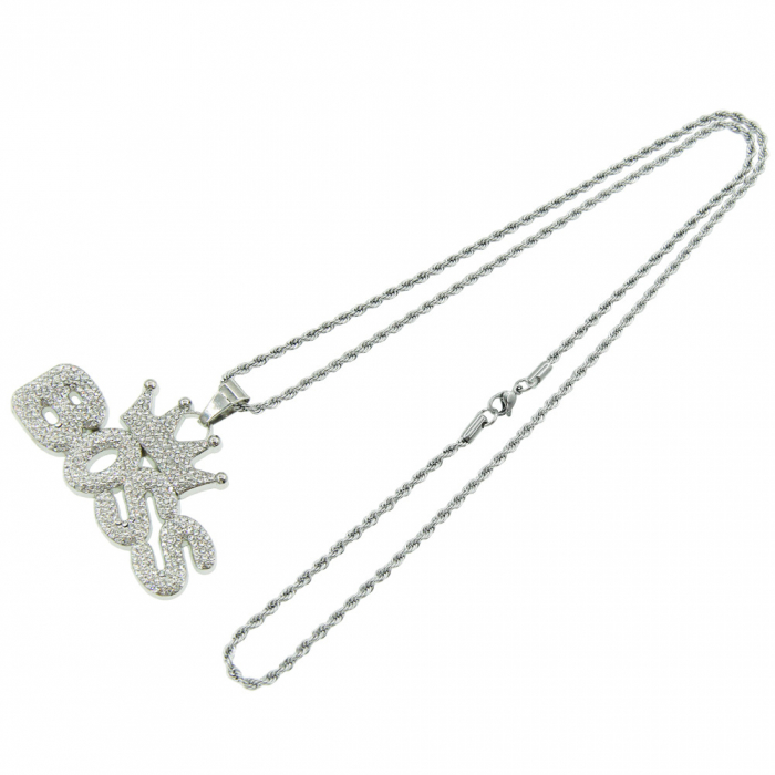 Lantisor model Rope cu pandantiv Hip Hop Iced Out inscriptionat BOSS cu coroana, pietre zirconiu, otel inoxidabil placat cu aur 18K, unisex, Tessero, argintiu [2]