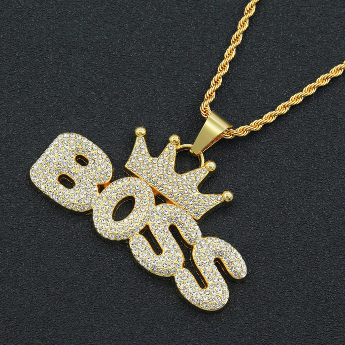 Lantisor model Rope cu pandantiv Hip Hop Iced Out inscriptionat BOSS cu coroana, pietre zirconiu, otel inoxidabil placat cu aur 18K, unisex, Tessero, auriu [1]