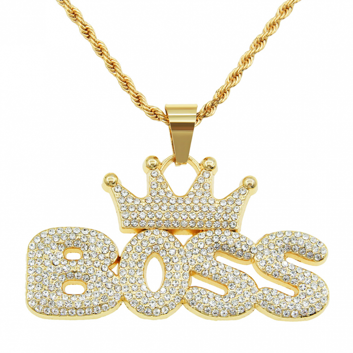 Lantisor model Rope cu pandantiv Hip Hop Iced Out inscriptionat BOSS cu coroana, pietre zirconiu, otel inoxidabil placat cu aur 18K, unisex, Tessero, auriu [2]