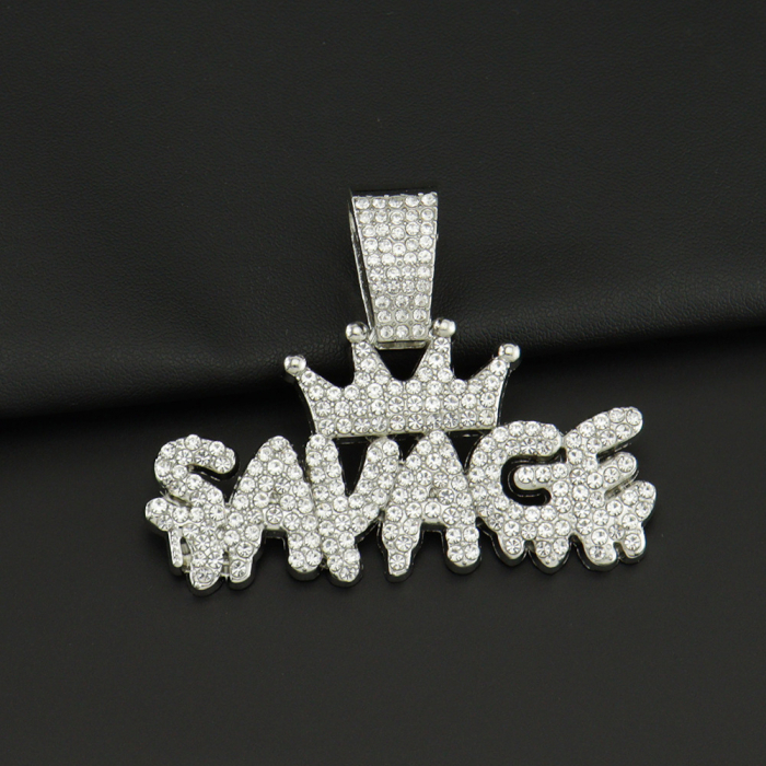 Lantisor model Rope cu pandantiv Hip hop in forma de coroana cu inscriptie " Savage ", placat cu aur 18K, pietre zirconiu, Tessero, argintiu [2]