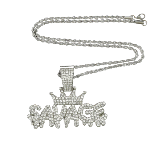 Lantisor model Rope cu pandantiv Hip hop in forma de coroana cu inscriptie " Savage ", placat cu aur 18K, pietre zirconiu, Tessero, argintiu [1]