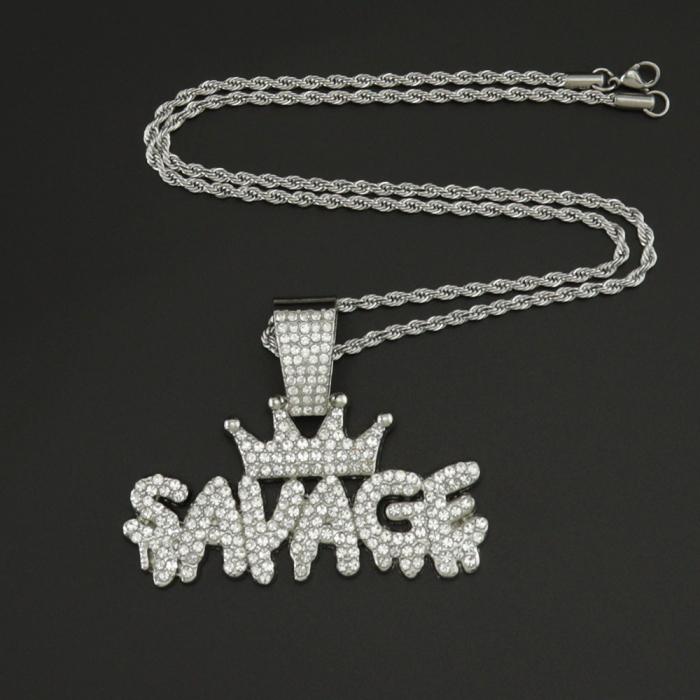 Lantisor model Rope cu pandantiv Hip hop in forma de coroana cu inscriptie " Savage ", placat cu aur 18K, pietre zirconiu, Tessero, argintiu [3]