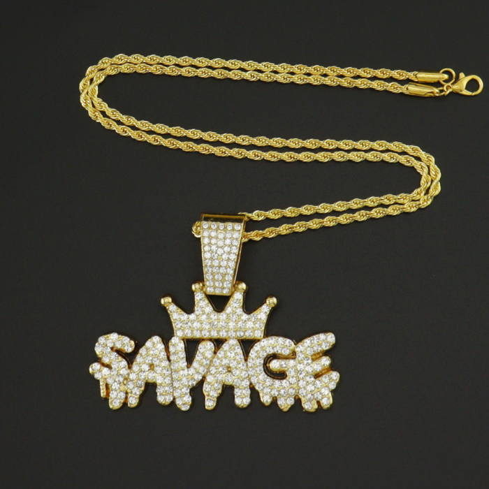 Lantisor model Rope cu pandantiv Hip hop in forma de coroana cu inscriptie " Savage ", placat cu aur 18K, pietre zirconiu, Tessero, auriu [4]