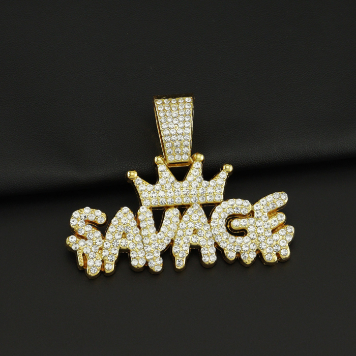 Lantisor model Rope cu pandantiv Hip hop in forma de coroana cu inscriptie " Savage ", placat cu aur 18K, pietre zirconiu, Tessero, auriu [2]
