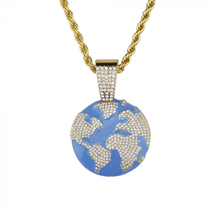 Lantisor model Rope cu pandantiv Hip hop in forma de glob pamantesc, placat cu aur 18K, pietre zirconiu, Tessero, auriu [3]