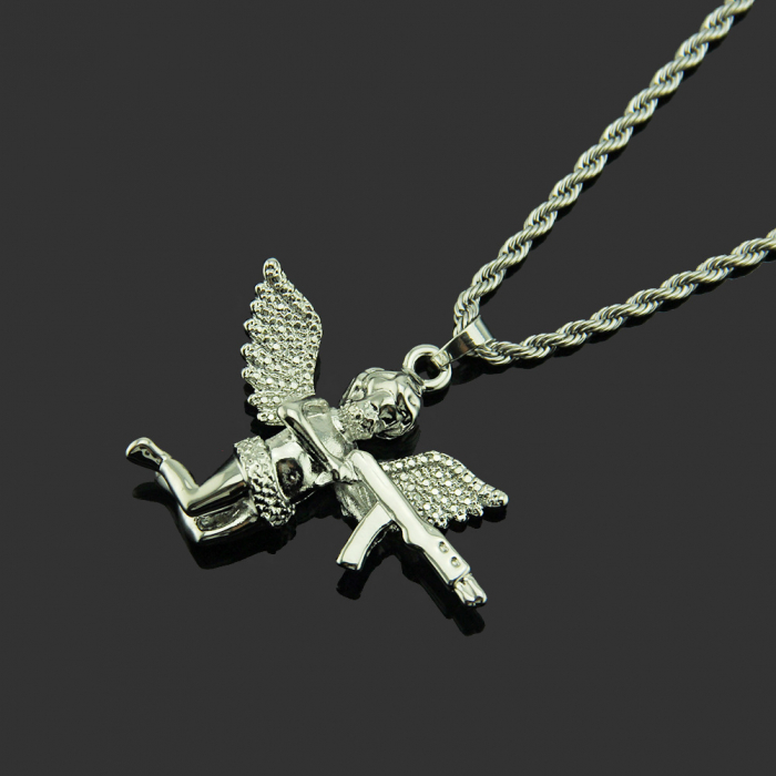Lantisor model Rope cu pandantiv Hip Hop in forma de ingeras cu AK47, otel inoxidabil placat cu aur 18K, Tessero, argintiu [2]