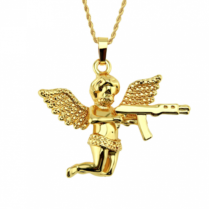Lantisor model Rope cu pandantiv Hip Hop in forma de ingeras cu AK47, otel inoxidabil placat cu aur 18K, Tessero, auriu [3]