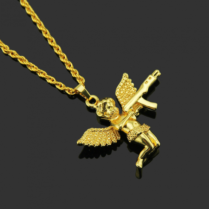 Lantisor model Rope cu pandantiv Hip Hop in forma de ingeras cu AK47, otel inoxidabil placat cu aur 18K, Tessero, auriu [1]