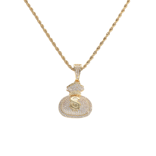 Lantisor model Rope cu pandantiv Hip Hop in forma de sac cu bani, otel inoxidabil placat cu aur 18K, pietre zirconiu, semn dolar, Tessero, auriu [3]