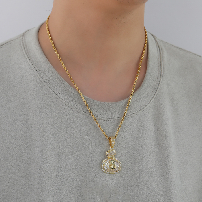 Lantisor model Rope cu pandantiv Hip Hop in forma de sac cu bani, otel inoxidabil placat cu aur 18K, pietre zirconiu, semn dolar, Tessero, auriu [2]