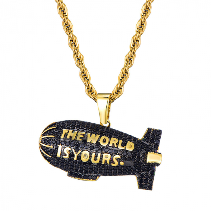 Lantisor model Rope cu pandantiv in forma de balon cu aer cald cu mesaj The World is Yours, otel inoxidabil, placat cu aur 18K, pietre zirconiu negru, Tessero, auriu [1]