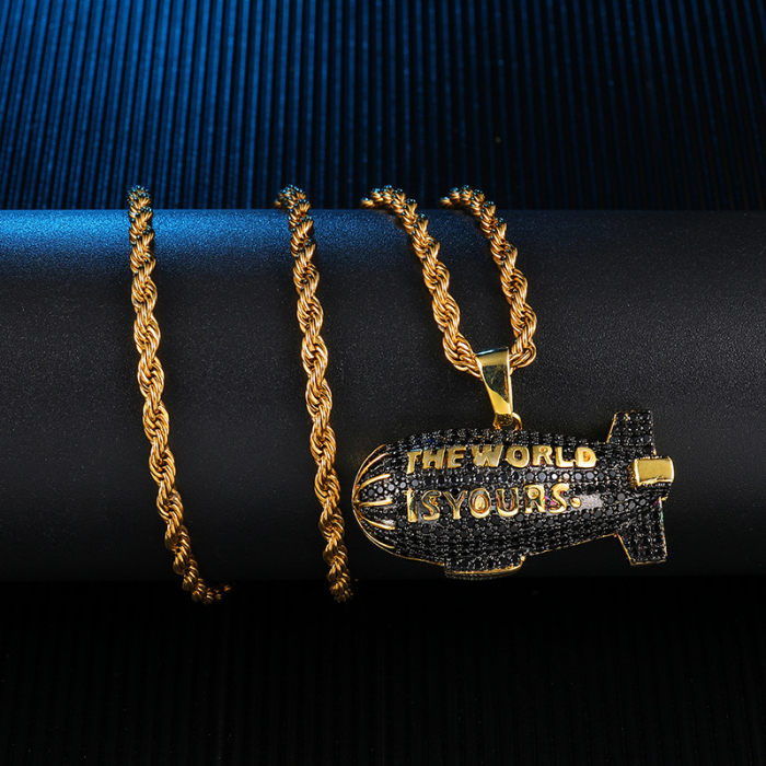 Lantisor model Rope cu pandantiv in forma de balon cu aer cald cu mesaj The World is Yours, otel inoxidabil, placat cu aur 18K, pietre zirconiu negru, Tessero, auriu [2]