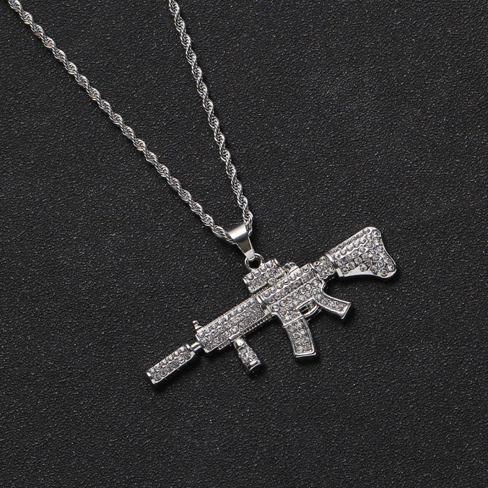 Lantisor model Rope cu pandantiv in forma de pusca M4A1, arma placata cu aur 18K, pietre zirconiu, Tessero, argintiu [2]