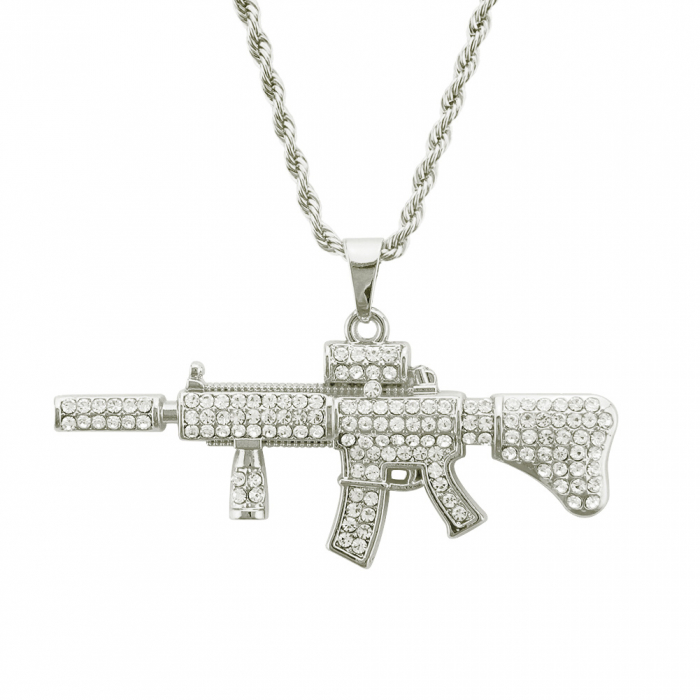Lantisor model Rope cu pandantiv in forma de pusca M4A1, arma placata cu aur 18K, pietre zirconiu, Tessero, argintiu [1]