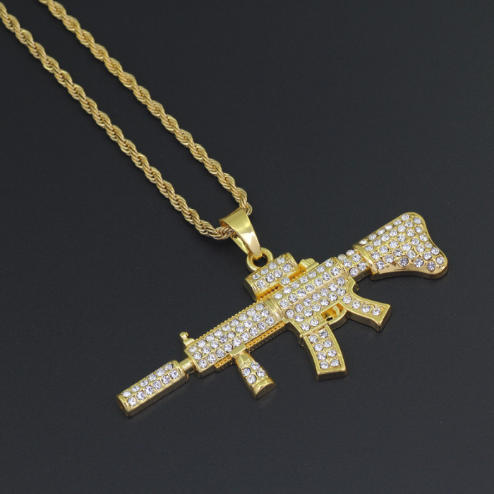 Lantisor model Rope cu pandantiv in forma de pusca M4A1, arma placata cu aur 18K, pietre zirconiu, Tessero, auriu [2]