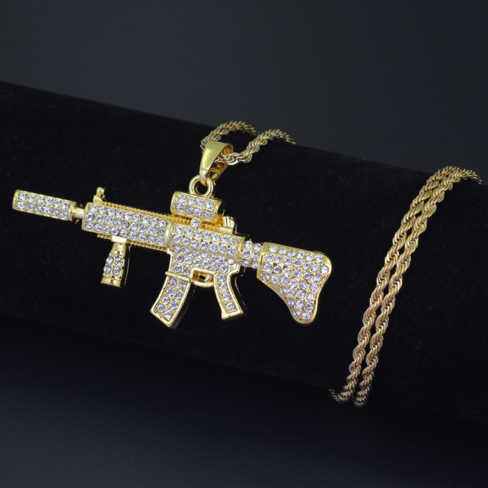Lantisor model Rope cu pandantiv in forma de pusca M4A1, arma placata cu aur 18K, pietre zirconiu, Tessero, auriu [4]