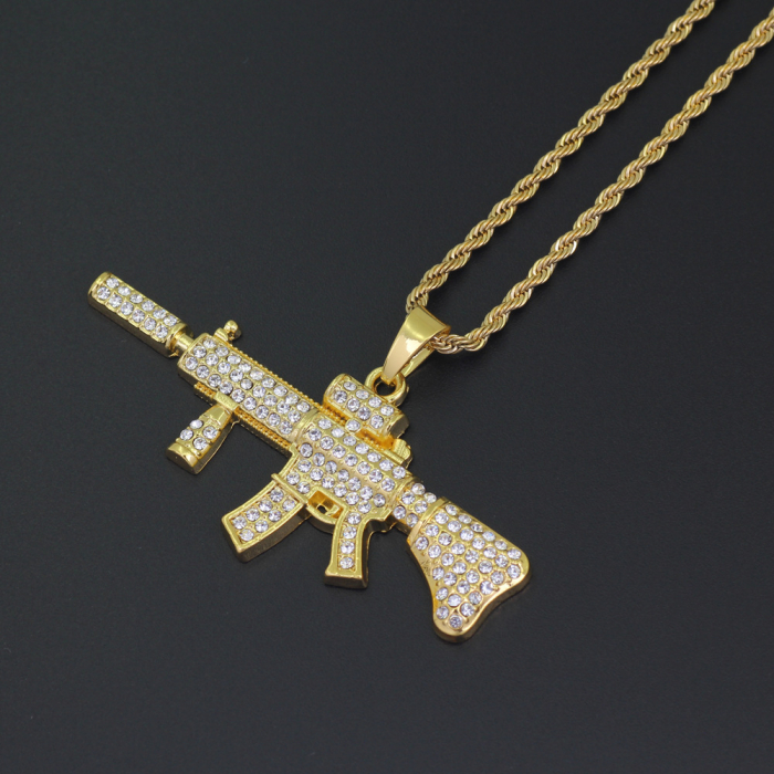 Lantisor model Rope cu pandantiv in forma de pusca M4A1, arma placata cu aur 18K, pietre zirconiu, Tessero, auriu [3]