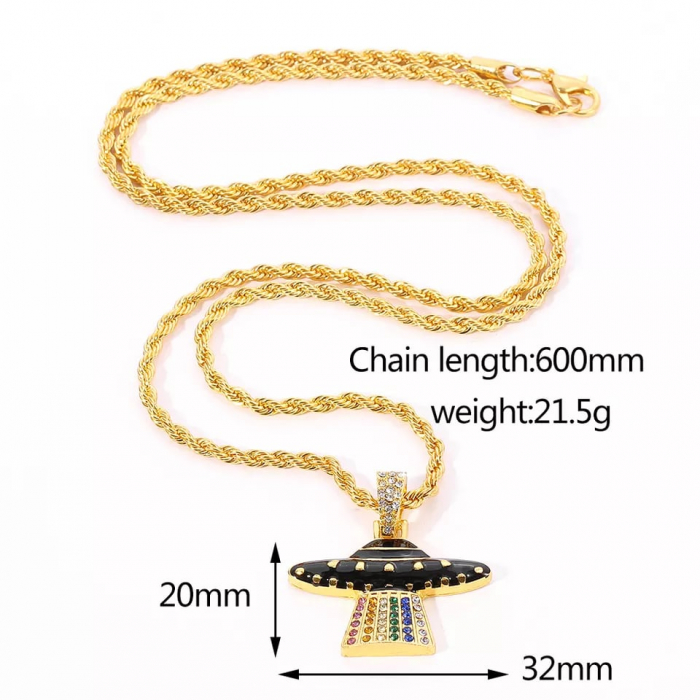 Lantisor model Rope cu pandantiv in forma OZN, decorat cu pietre zirconiu multicolore, placat cu aur 18K, auriu [2]