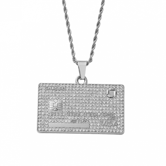 Lantisor model Rope Hip Hop cu pandantiv Iced Out in forma de card bancar, pietre zirconiu, otel inoxidabil placat cu aur 18K, Tessero, argintiu [2]