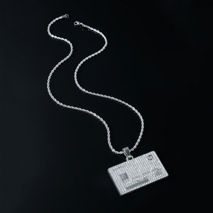 Lantisor model Rope Hip Hop cu pandantiv Iced Out in forma de card bancar, pietre zirconiu, otel inoxidabil placat cu aur 18K, Tessero, argintiu [1]