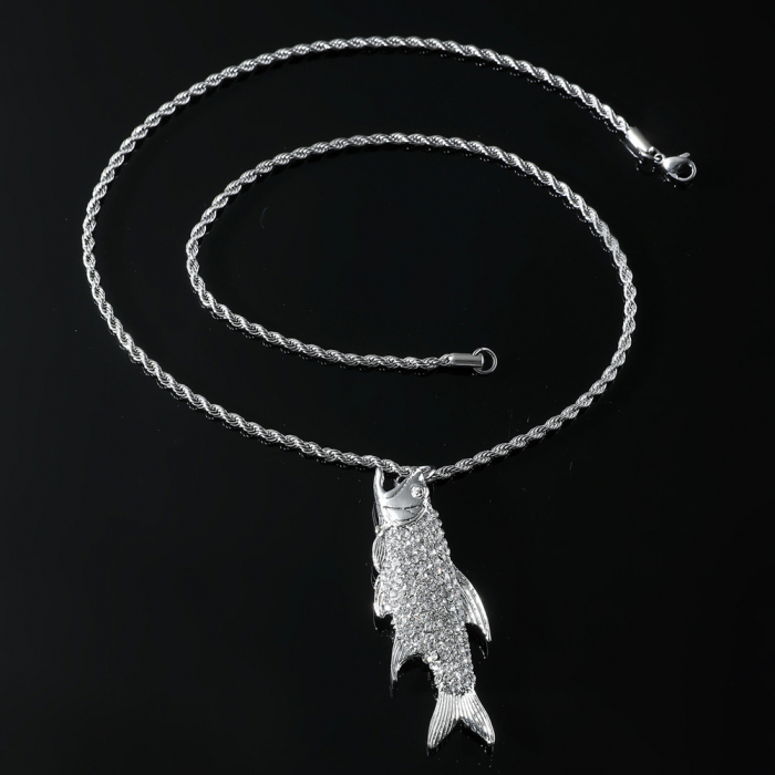 Lantisor model Rope Hip Hop cu pandantiv Iced Out in forma de peste, pietre zirconiu, otel inoxidabil placat cu aur 18K, Tessero, argintiu [2]