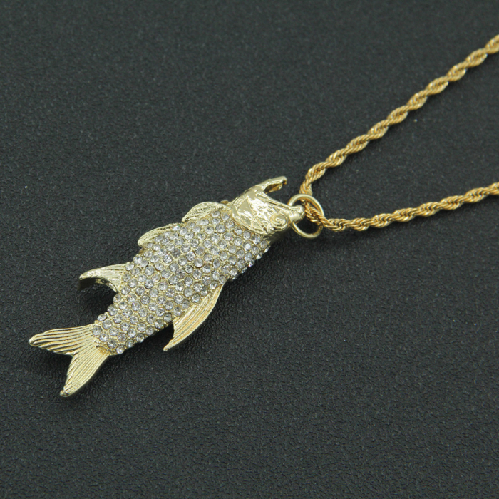 Lantisor model Rope Hip Hop cu pandantiv Iced Out in forma de peste, pietre zirconiu, otel inoxidabil placat cu aur 18K, Tessero, auriu [1]