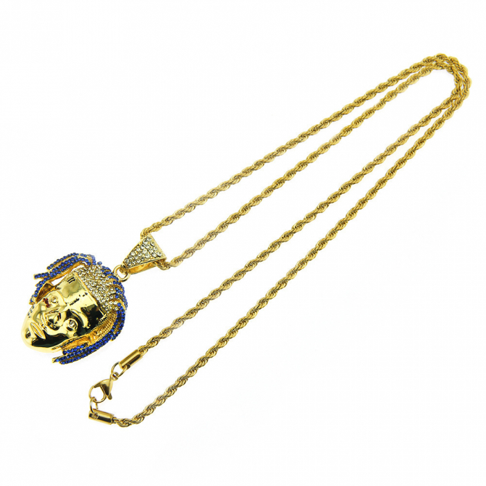Lantisor model Rope Hip Hop cu pandantiv in forma de avatar rapper, pietre zirconiu, otel inoxidabil placat cu aur 18K, Tessero, auriu [1]