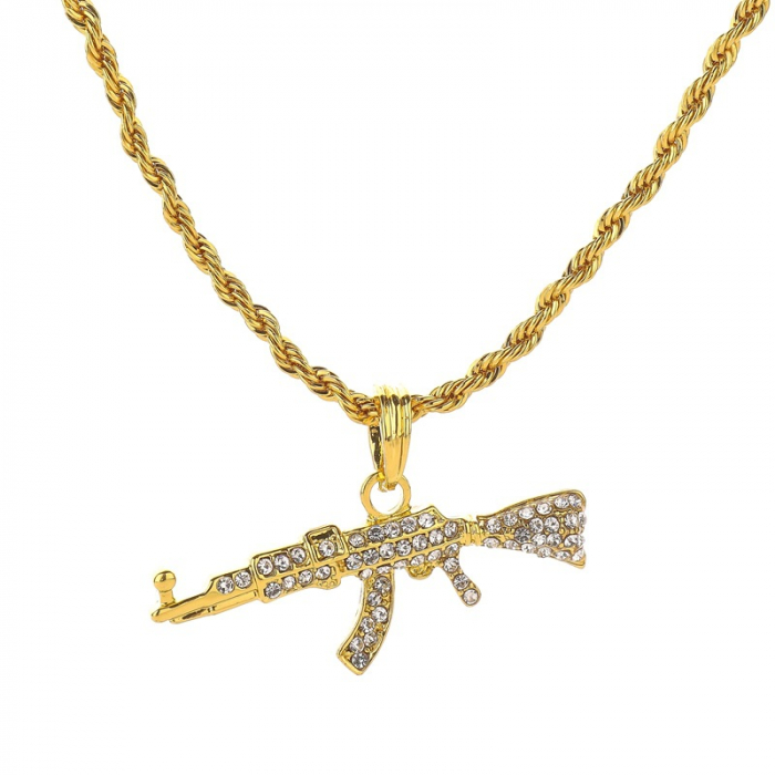 Lantisor Rope cu pandantiv Ak47, insertii de zirconiu, placat cu aur 18K, auriu [1]